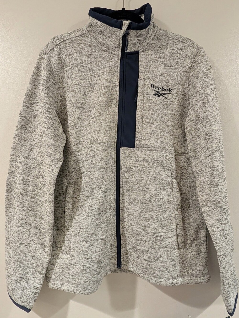 NWT Reebok Men's Heather Gray, Fleece-Lined, Full-Zip Sweater with Navy Accents